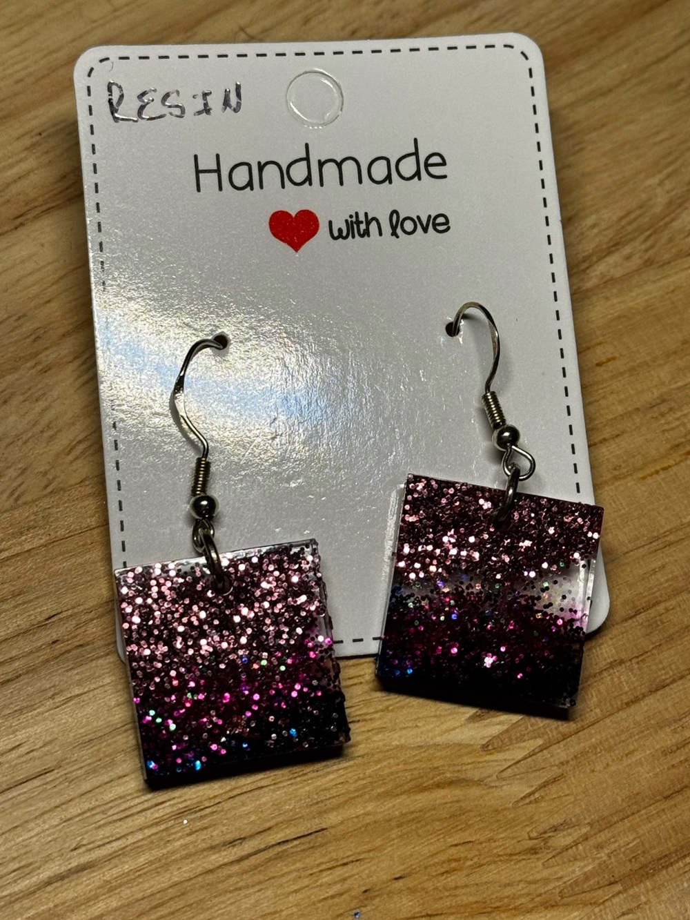 Hand Crafted Pink Glitter Resin Square Drop Earrings
